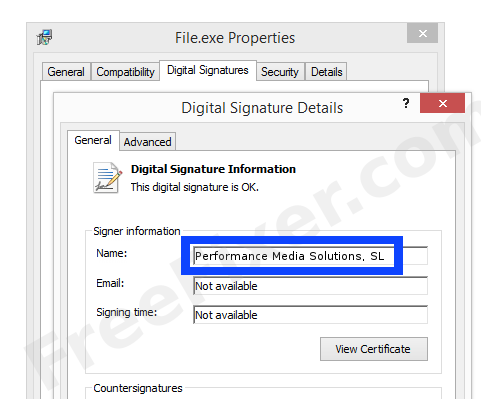 Screenshot of the Performance Media Solutions, SL certificate